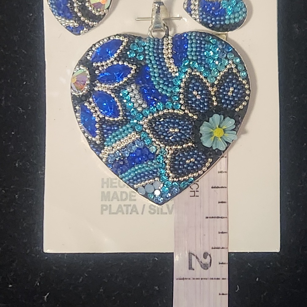 Silver plated Heart Pendant Necklace Earrings Set Blue Crystal Rhinestone - Picture 7 of 10
